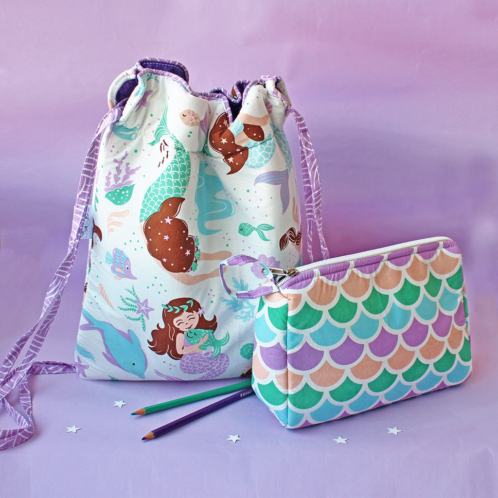 Drawstring Bag and Pouch Combo with Waterproof Lining || Multipurpose - Mermaid