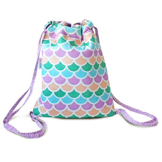 Drawstring Bag with Waterproof Lining || Multipurpose, Swimming Bag, Playtime Bag, Tuition Bag - Mermaid Scales