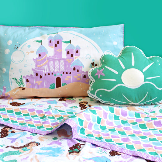 Magical Mermaids Bundle of Joy Single/Double/King Bedsheet with Pillow Cover, Reversible Blanket & Cushion (Can be Personalised)