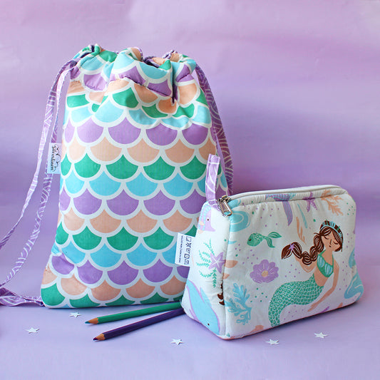 Drawstring Bag and Pouch Combo with Waterproof Lining || Multipurpose - Mermaid Scales