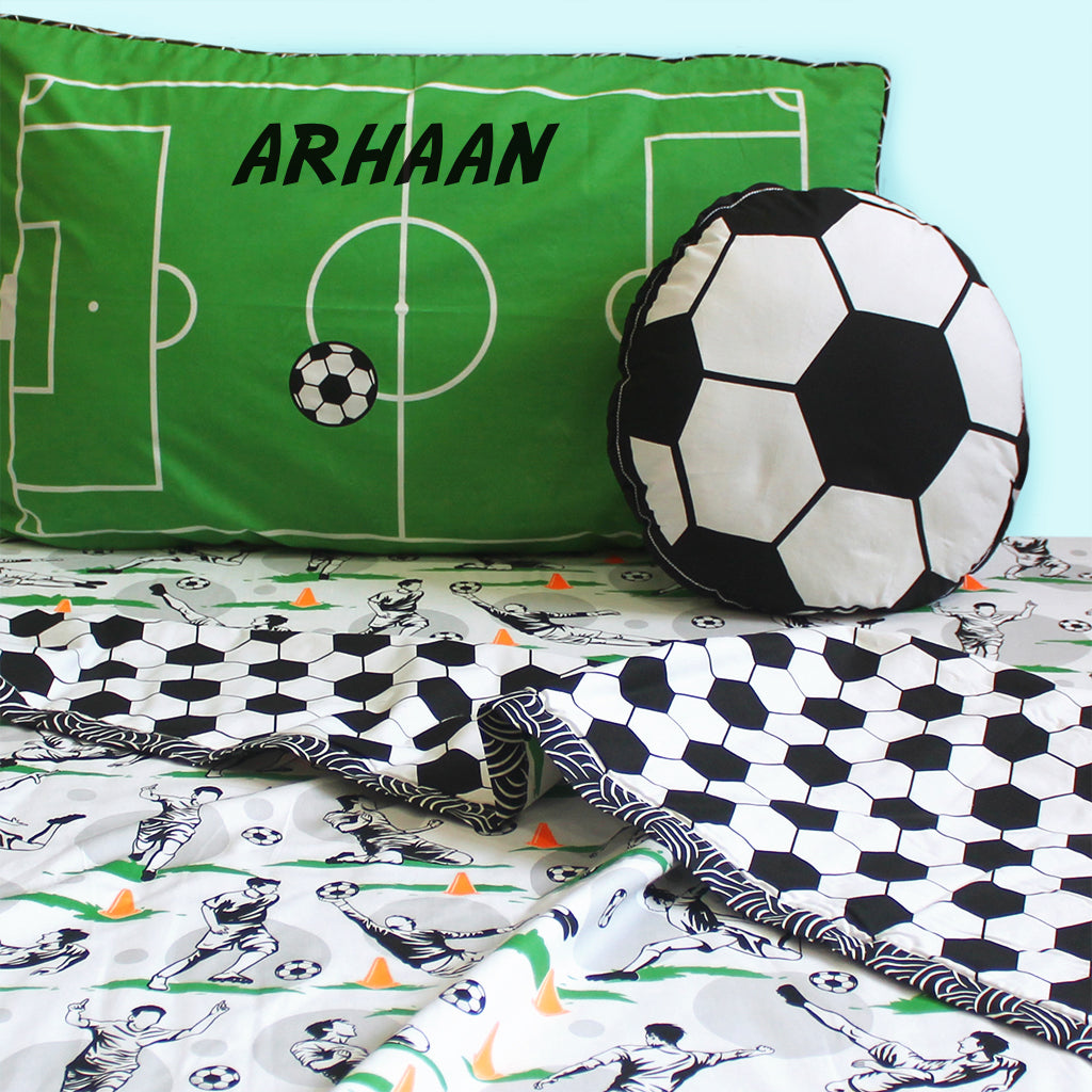 Football Fever Bundle of Joy Single/Double/King Bedsheet with Pillow Cover, Reversible Blanket & Cushion (Can be Personalised)