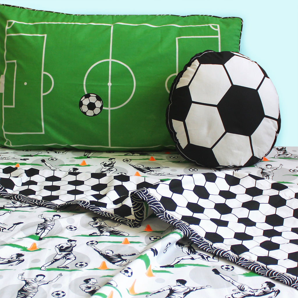 Football Fever Bundle of Joy Single/Double/King Bedsheet with Pillow Cover, Reversible Blanket & Cushion (Can be Personalised)