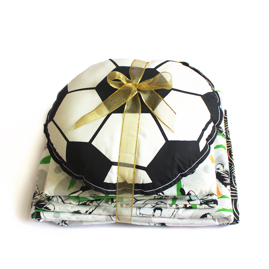 Football Fever Bundle of Joy Single/Double/King Bedsheet with Pillow Cover, Reversible Blanket & Cushion (Can be Personalised)