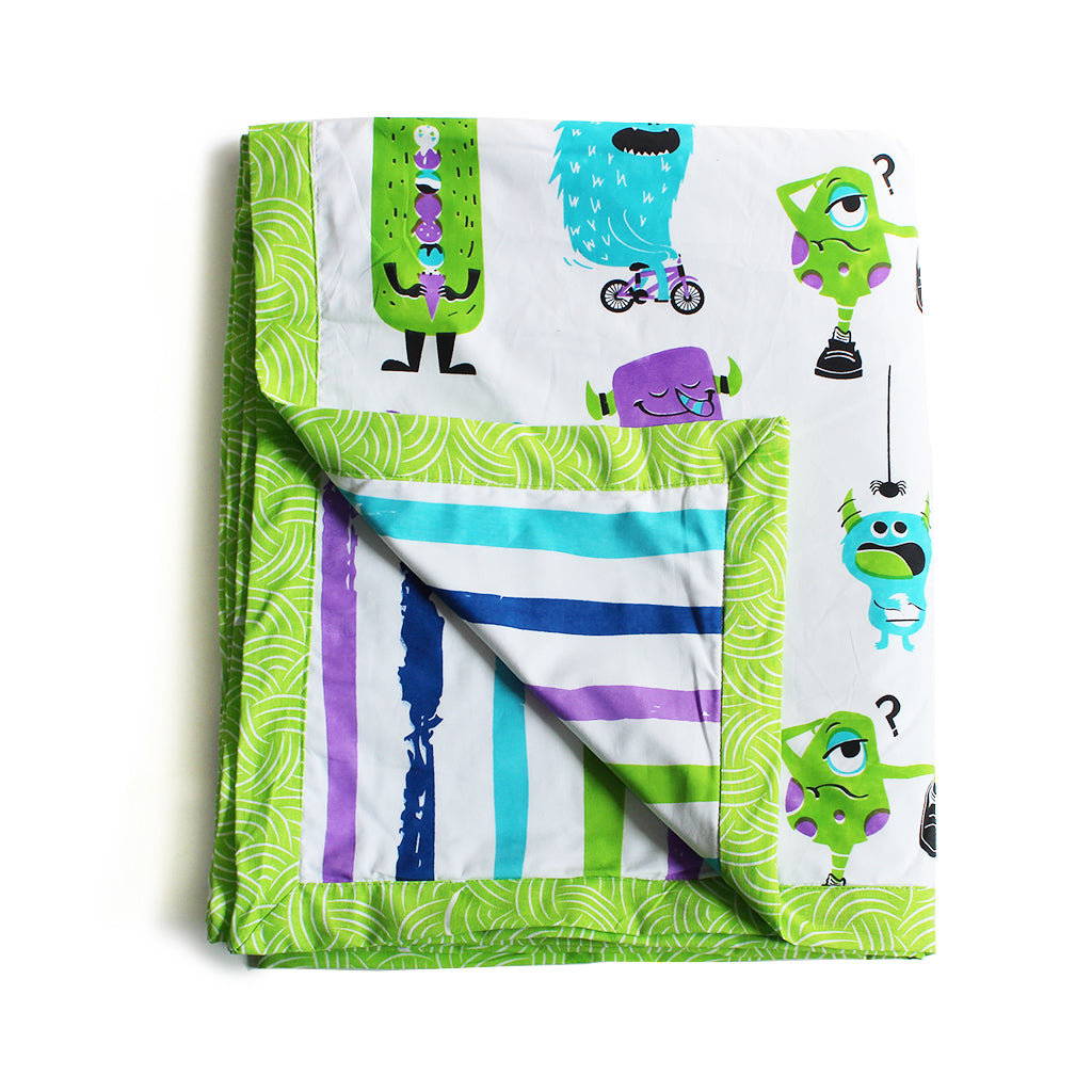 Silly Monsters 100% Cotton 3 Layer Reversible Single Blanket Dohar for Boys & Girls - Green (Can be Personalised)