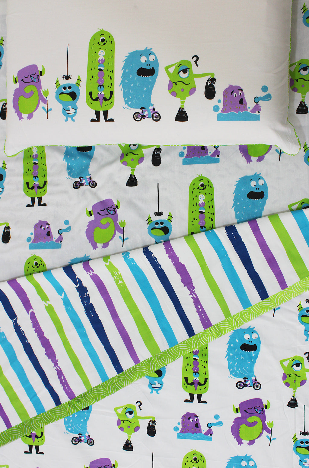 Silly Monsters 100% Cotton 3 Layer Reversible Single Blanket Dohar for Boys & Girls - Green (Can be Personalised)