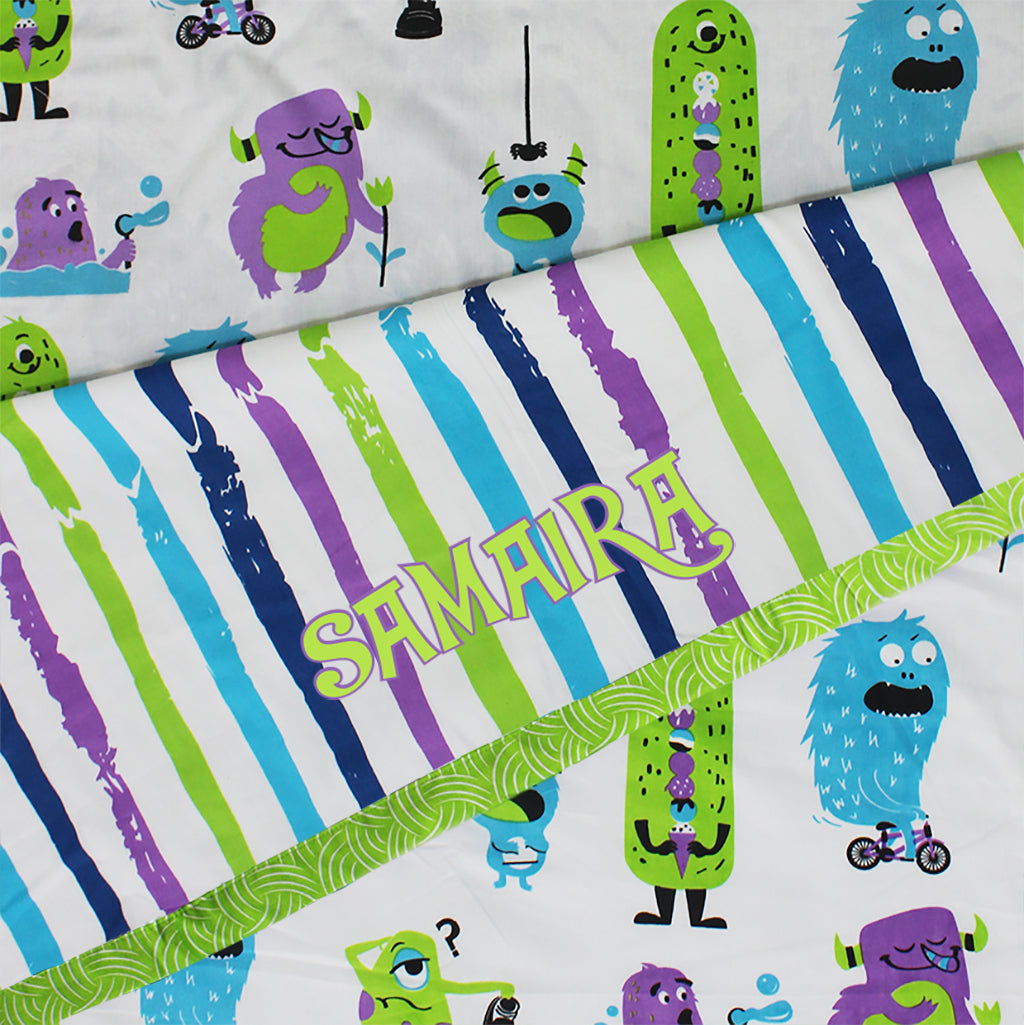 Silly Monsters 100% Cotton 3 Layer Reversible Single Blanket Dohar for Boys & Girls - Green (Can be Personalised)