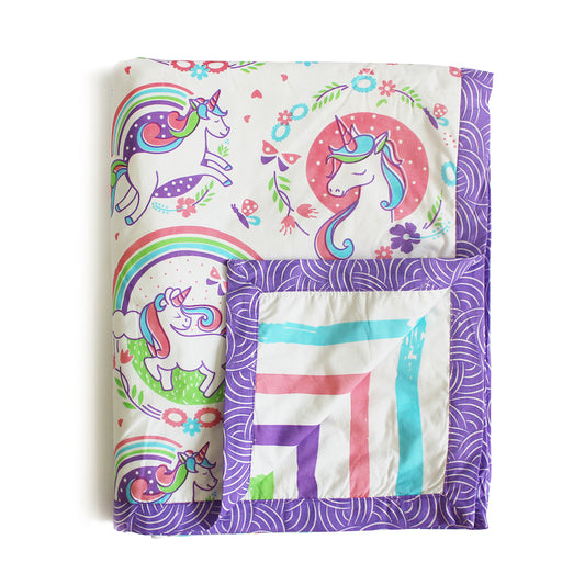 Unicorn & Rainbows 100% Cotton 3 Layer Reversible Single Blanket Dohar for Girls - (Can be Personalised)