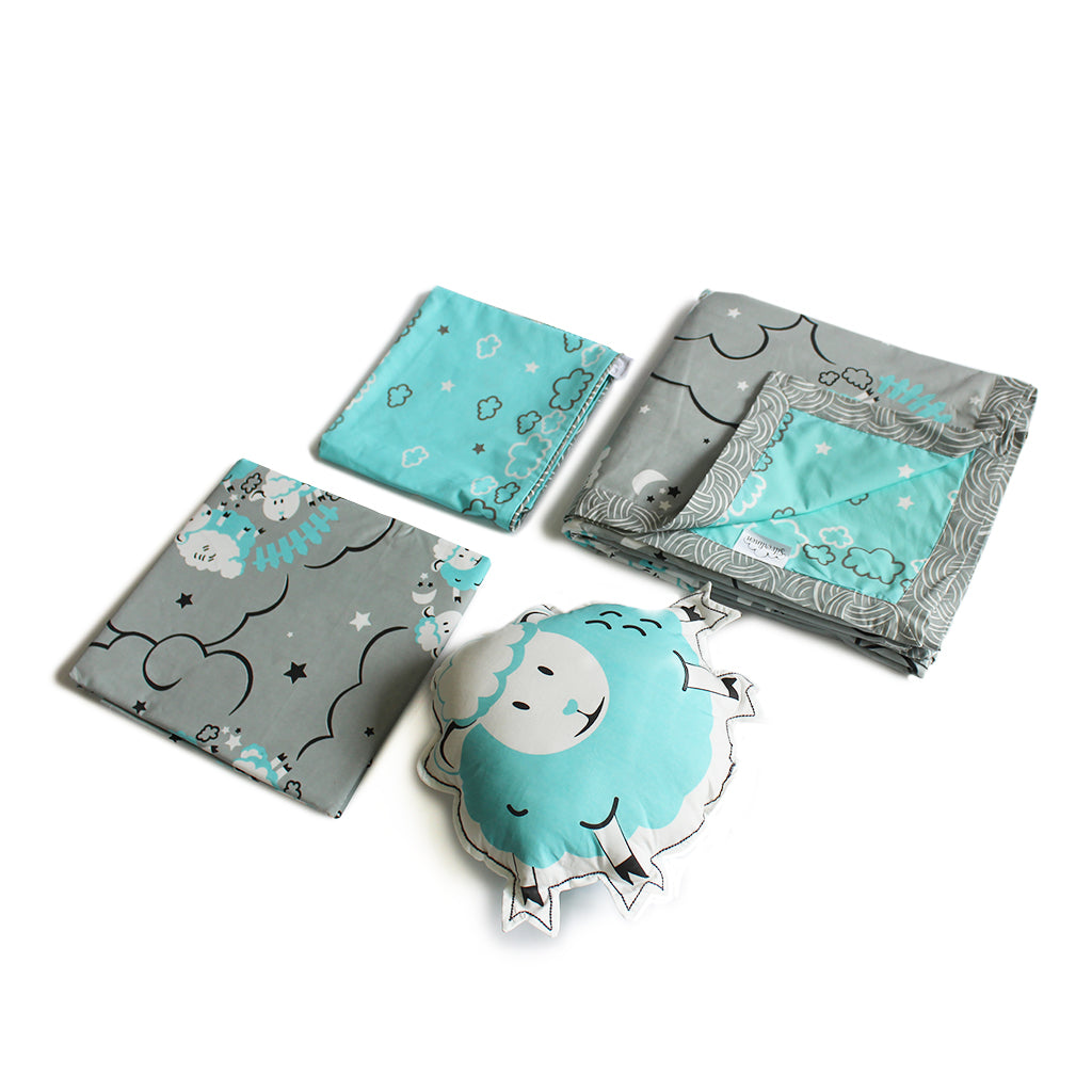 Counting Sheep Bundle of Joy Single/Double Bedsheet with Pillow Cover, Reversible Blanket & Cushion - Blue (Can be Personalised)