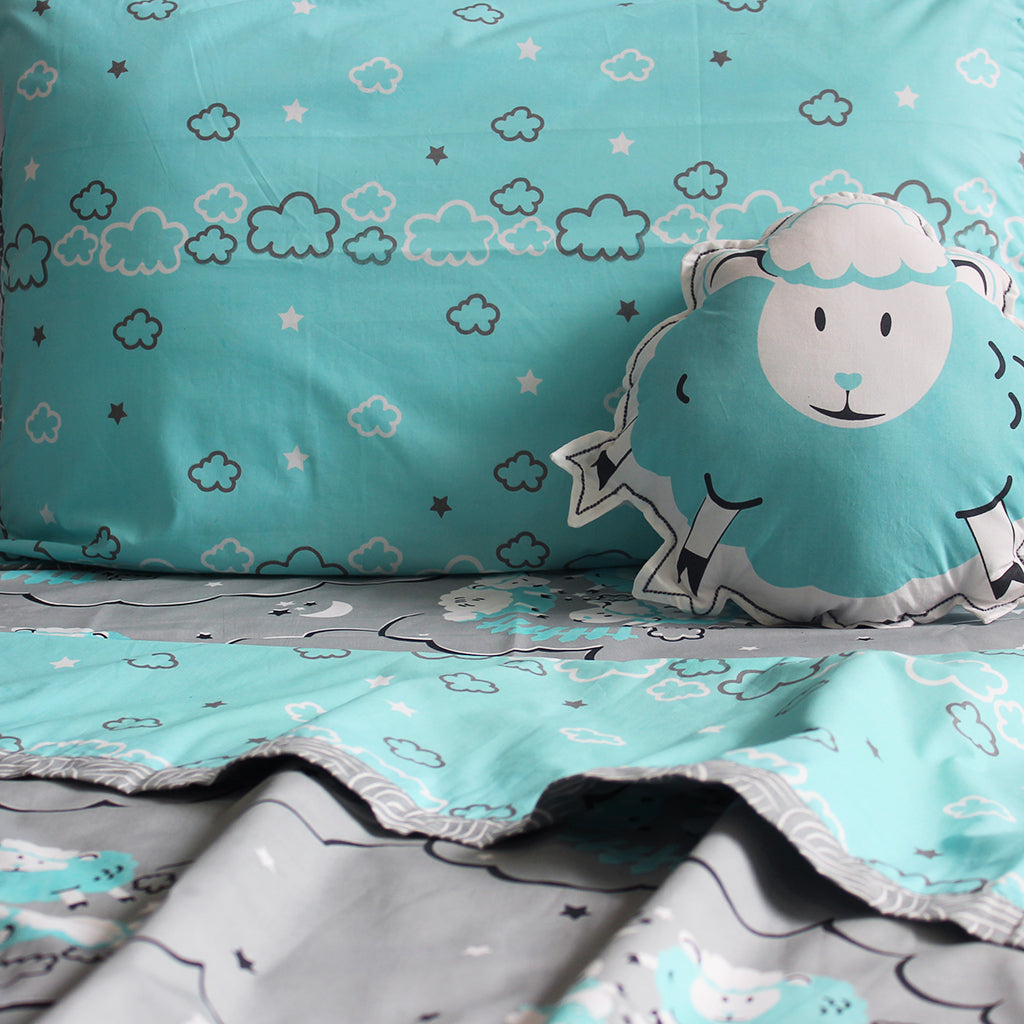 Counting Sheep Bundle of Joy Single/Double Bedsheet with Pillow Cover, Reversible Blanket & Cushion - Blue (Can be Personalised)