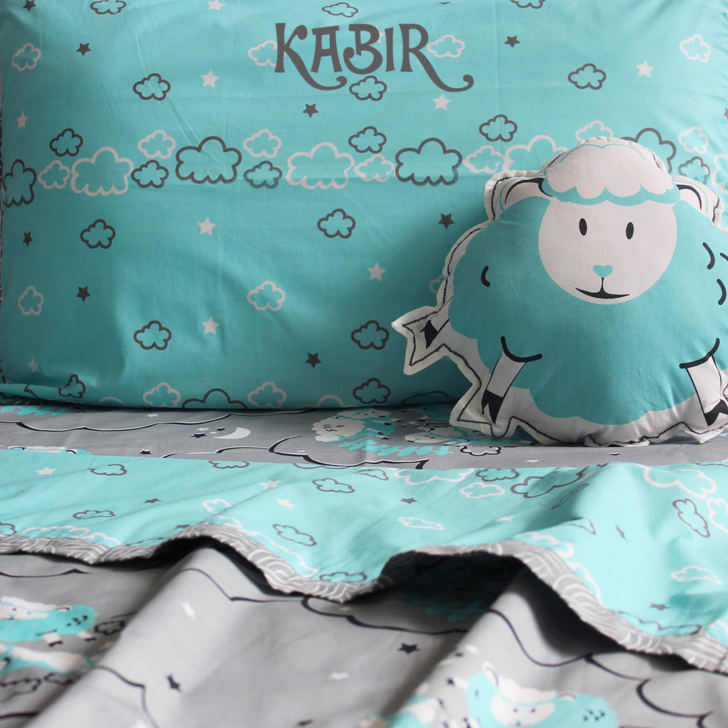 Counting Sheep Bundle of Joy Single/Double Bedsheet with Pillow Cover, Reversible Blanket & Cushion - Blue (Can be Personalised)