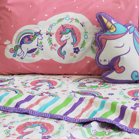 Unicorn & Rainbows Bundle of Joy Single/Double/King Bedsheet with Pillow Cover, Reversible Blanket & Cushion (Can be Personalised)