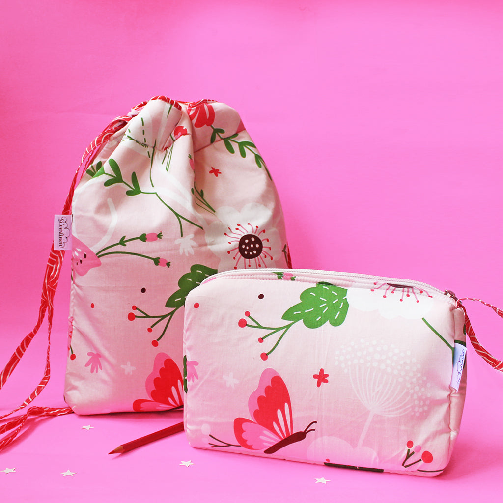 Drawstring Bag and Pouch Combo with Waterproof Lining || Multipurpose - Flowers & Butterflies