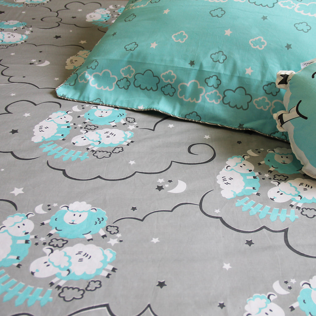 Counting Sheep 100% Cotton Bedsheet for Boys & Girls with Pillow Cover - Blue - Single/Double (Can be Personalised)