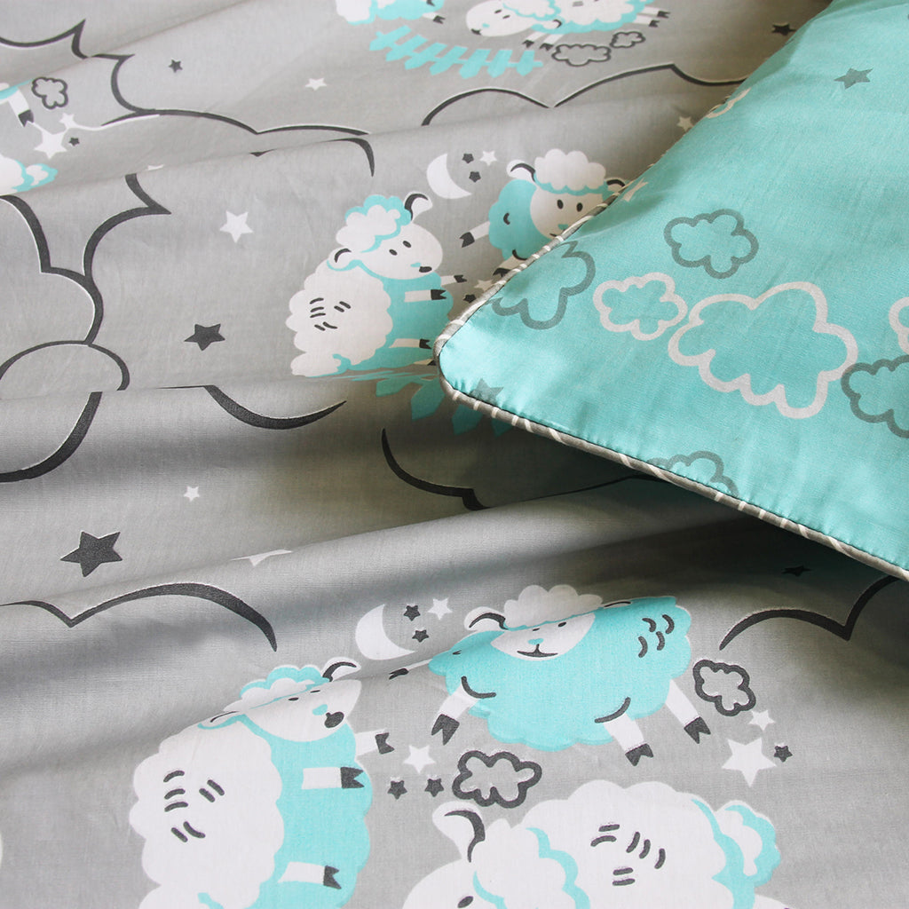 Counting Sheep 100% Cotton Bedsheet for Boys & Girls with Pillow Cover - Blue - Single/Double (Can be Personalised)