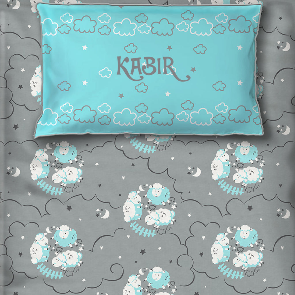 Counting Sheep 100% Cotton Bedsheet for Boys & Girls with Pillow Cover - Blue - Single/Double (Can be Personalised)