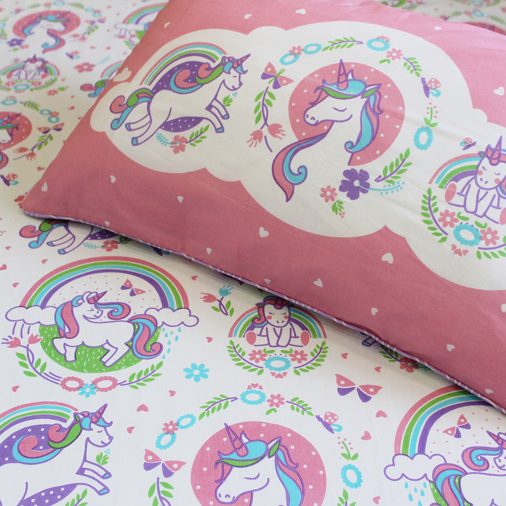 Unicorn and Rainbows 100% Cotton Bedsheet for Girls with Pillow Cover - Single/Double/King (Can be Personalised)