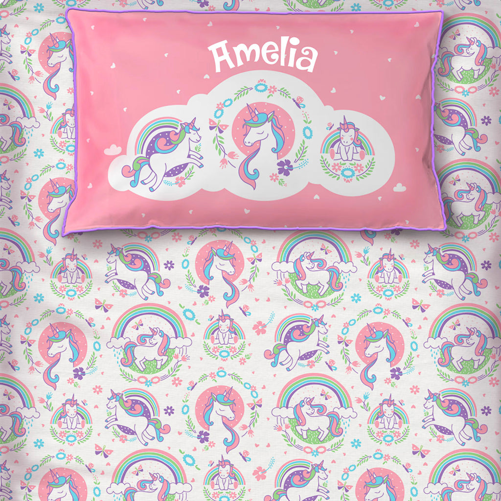 Unicorn and Rainbows 100% Cotton Bedsheet for Girls with Pillow Cover - Single/Double/King (Can be Personalised)