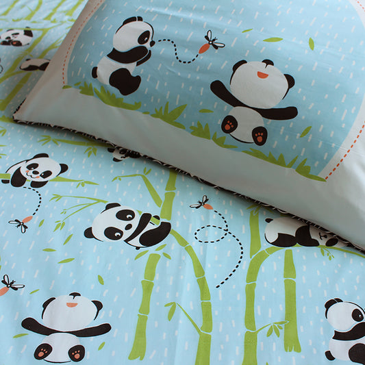 Panda Village 100% Cotton Bedsheet for Boys & Girls with Pillow Cover - Blue - Single/Double (Can be Personalised)