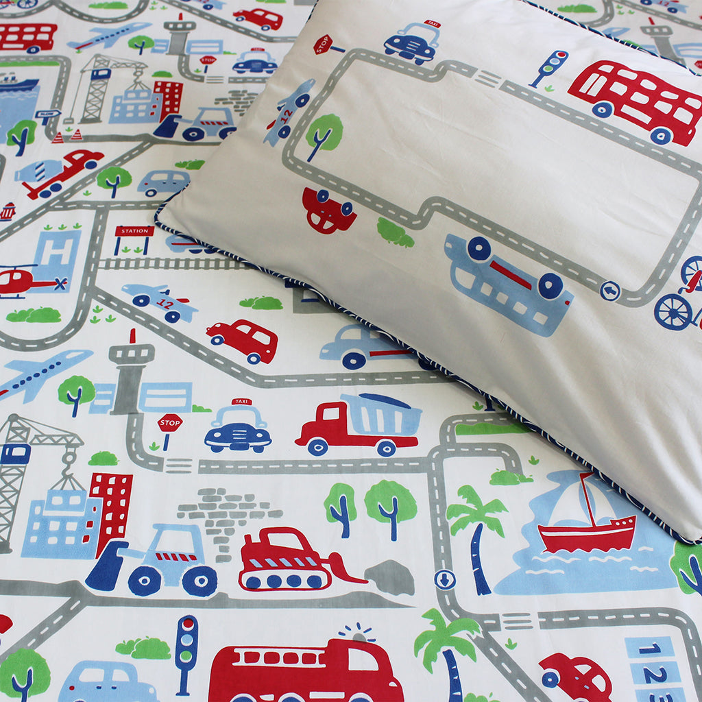 Busy Street 100% Cotton Bedsheet for Boys and Girls with Pillow Cover - Single/Double/King (Can be Personalised)