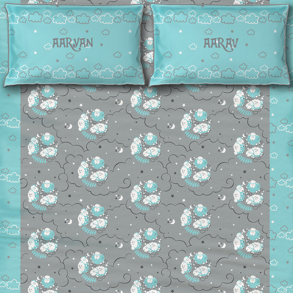 Counting Sheep 100% Cotton Bedsheet for Boys & Girls with Pillow Cover - Blue - Single/Double (Can be Personalised)