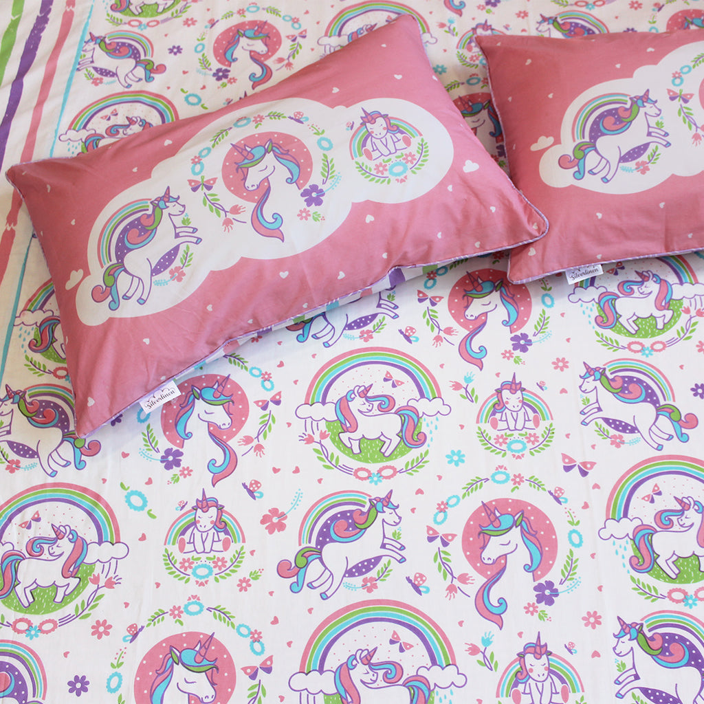 Unicorn and Rainbows 100% Cotton Bedsheet for Girls with Pillow Cover - Single/Double/King (Can be Personalised)