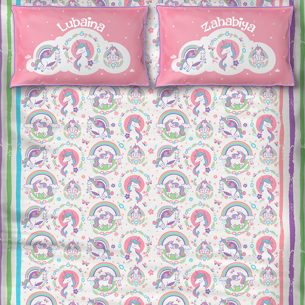 Unicorn and Rainbows 100% Cotton Bedsheet for Girls with Pillow Cover - Single/Double/King (Can be Personalised)