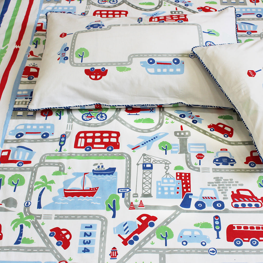 Busy Street 100% Cotton Bedsheet for Boys and Girls with Pillow Cover - Single/Double/King (Can be Personalised)