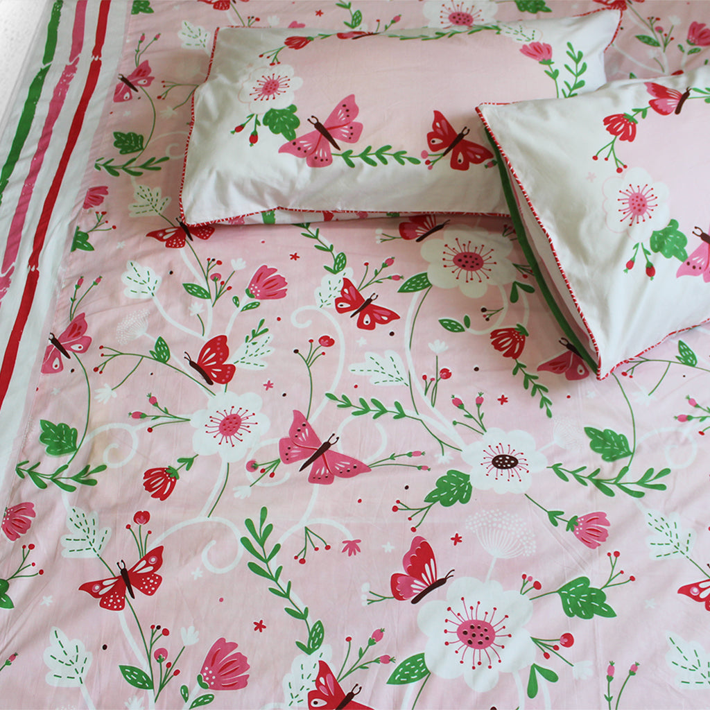 Flowers & Butterflies 100% Cotton Bedsheet for Girls with Pillow Cover - Single/Double (Can be Personalised)