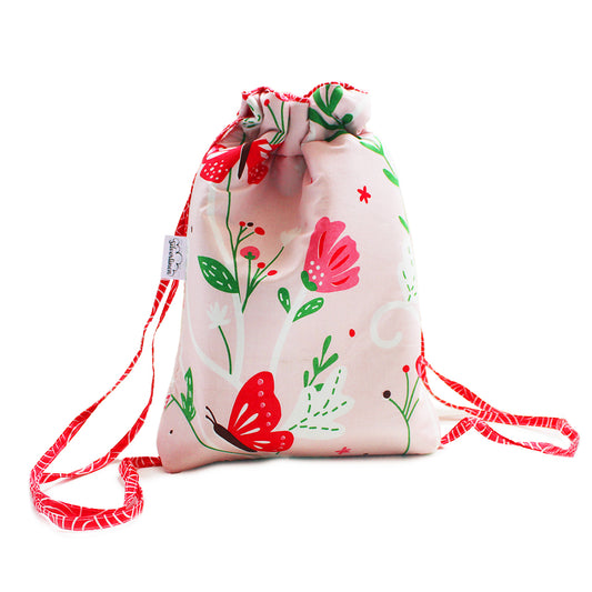 Drawstring Bag with Waterproof Lining || Multipurpose, Swimming Bag, Playtime Bag, Tuition Bag - Flowers & Butterflies