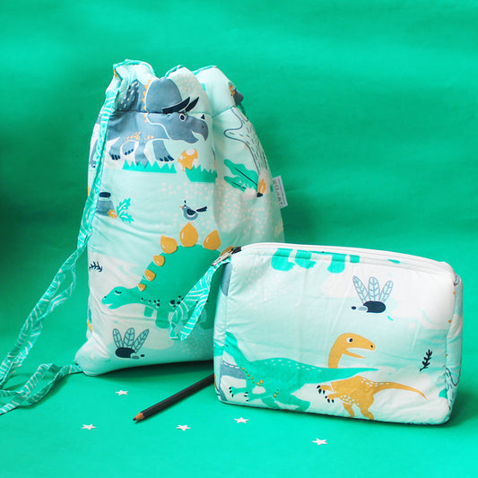 Drawstring Bag and Pouch Combo with Waterproof Lining || Multipurpose - Dinosaurs