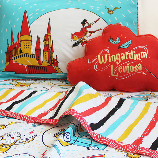 Official Harry Potter Wingardium Leviosa Bundle of Joy Single/Double/King Bedsheet with Pillow Cover, Reversible Blanket & Cushion (Can be Personalised)