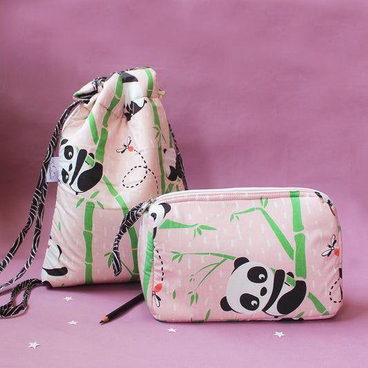 Drawstring Bag and Pouch Combo with Waterproof Lining || Multipurpose - Pink Panda Village